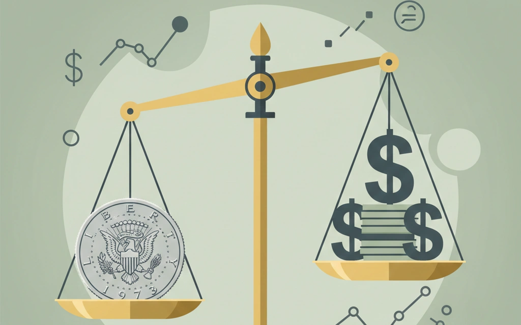 a scale balancing a 1973 Kennedy half dollar against dollar symbols