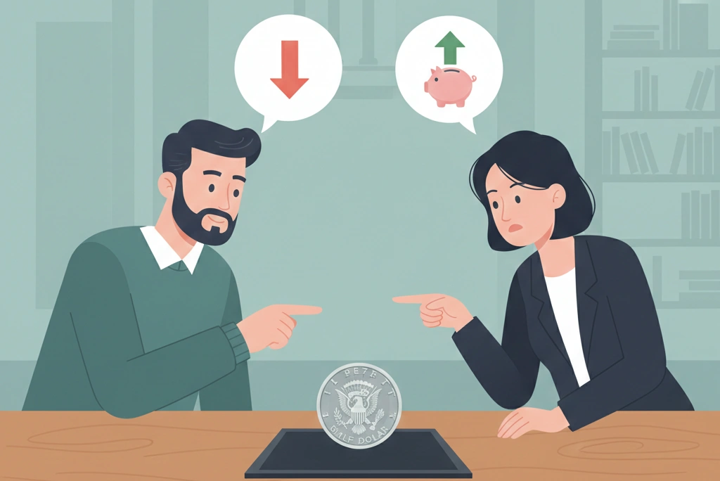 two characters debating at a coin table, both pointing at a 1973 Kennedy half dollar