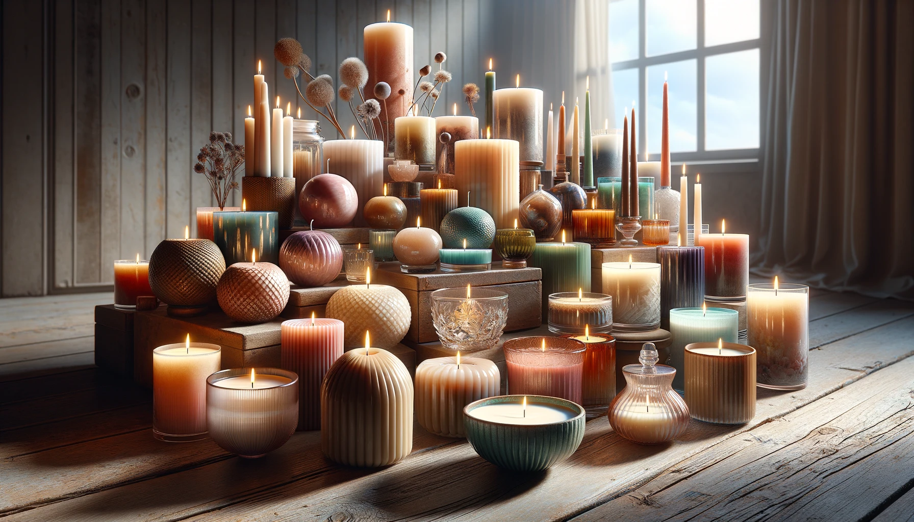 candles artistically placed on the wooden floor