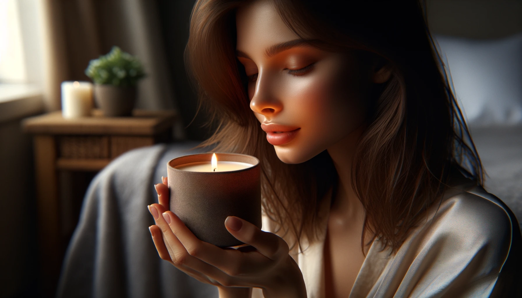 a beautiful girl as she gently holds a scented candle in her hands