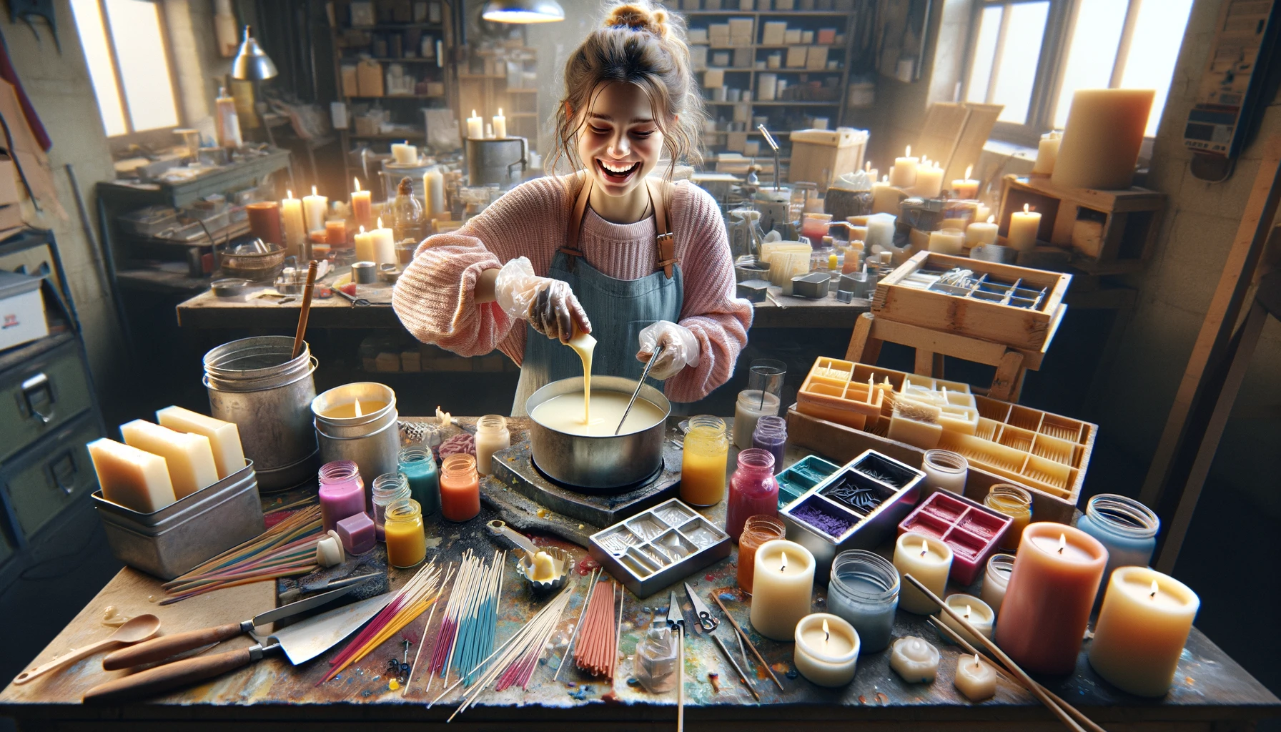 a girl fully immersed in the process of making candles