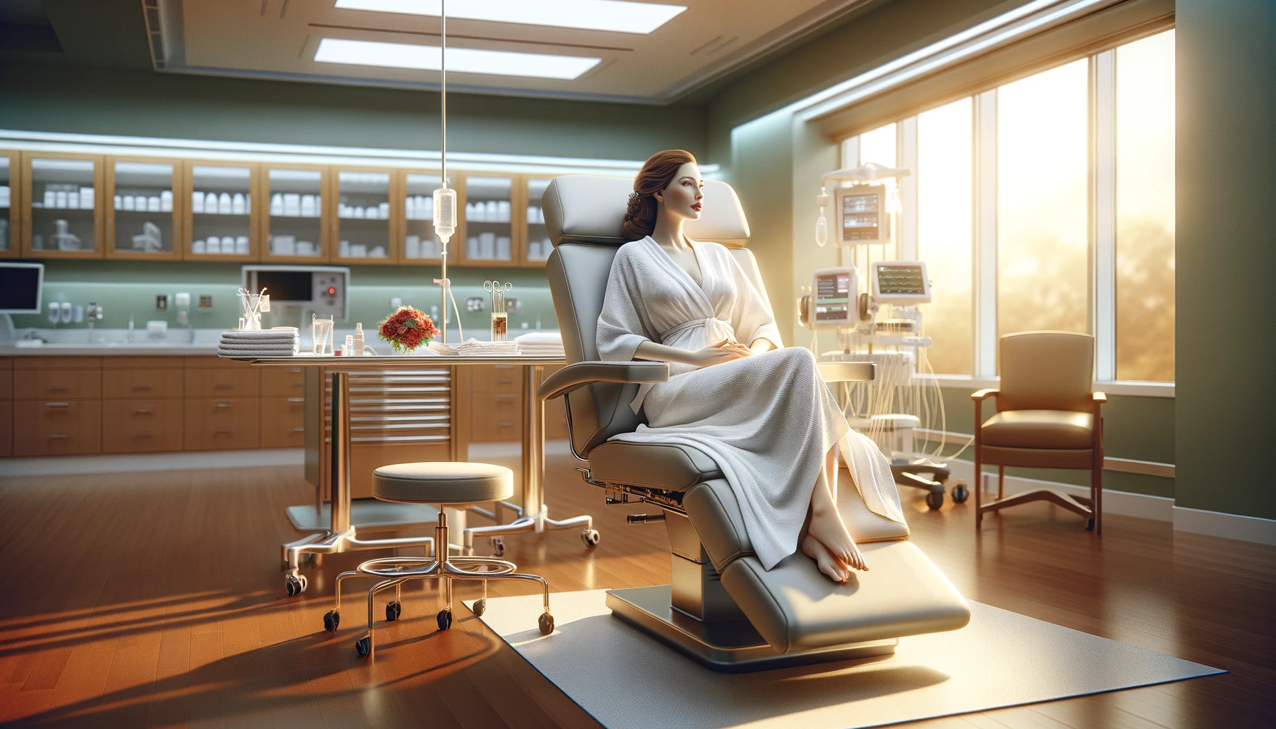 a woman in the process of recovery after plastic surgery, situated in a comfortable, well-appointed recovery room that reflects the high standard of care in a top-tier medical facility.