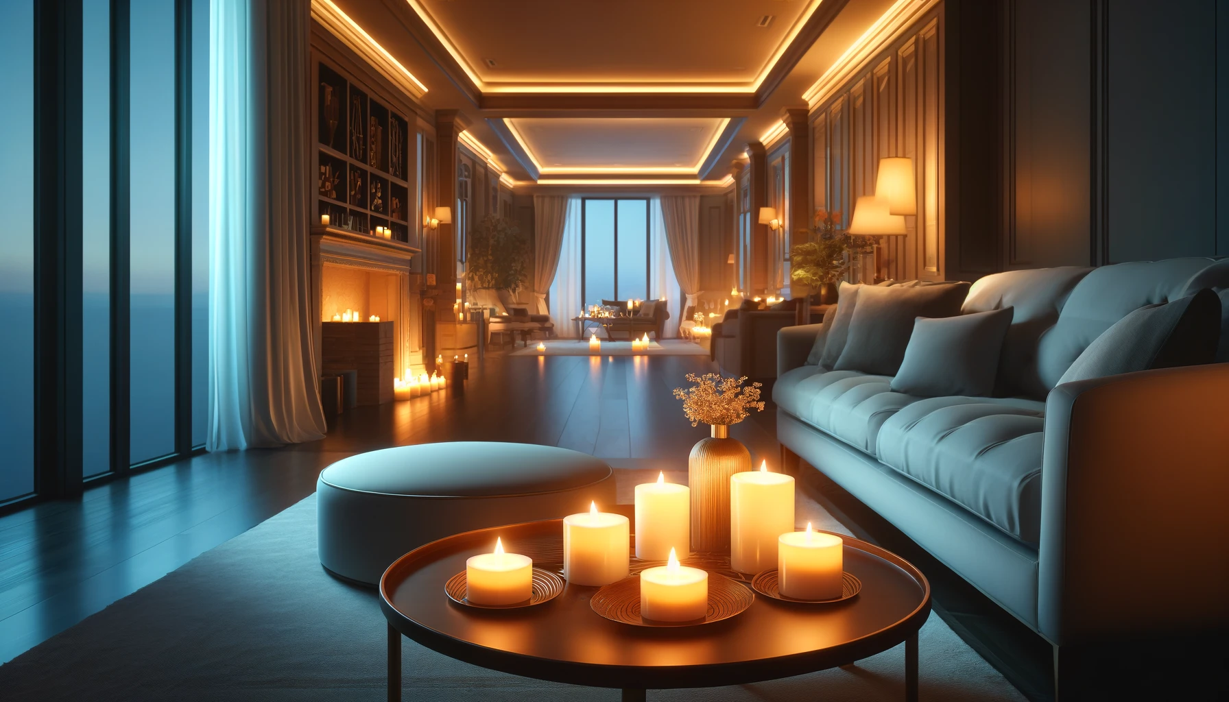 A serene and cozy living room at twilight with several scented candles lit, casting a warm, inviting glow across the room.