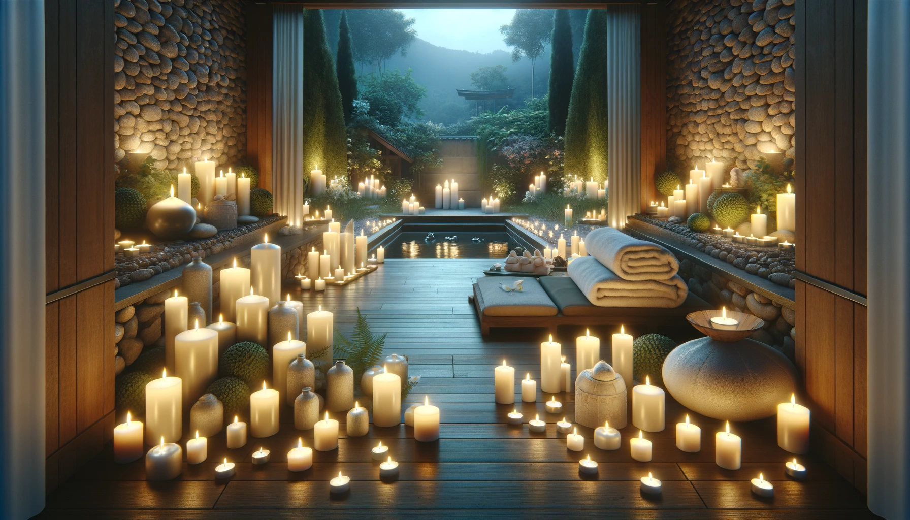 A tranquil spa setting at dusk with numerous candles of various sizes and shapes scattered around a peaceful room.