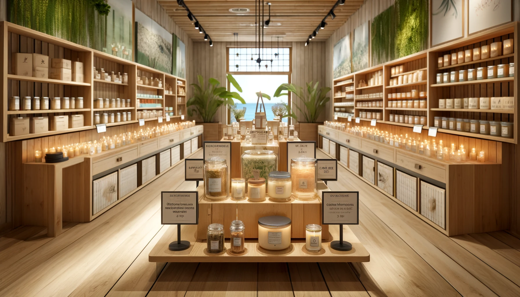 An eco-friendly retail store displaying a variety of candles made from sustainable materials.