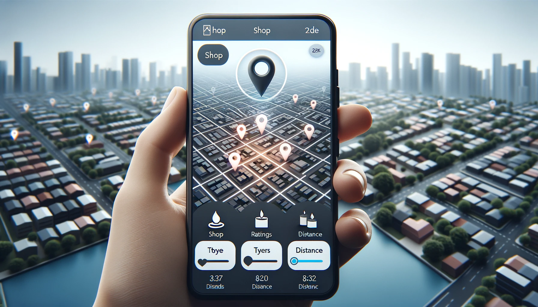 A high-tech user interface of a real-time location tracking app on a smartphone, displaying a map focused on a residential area with icons representing local candle shops.