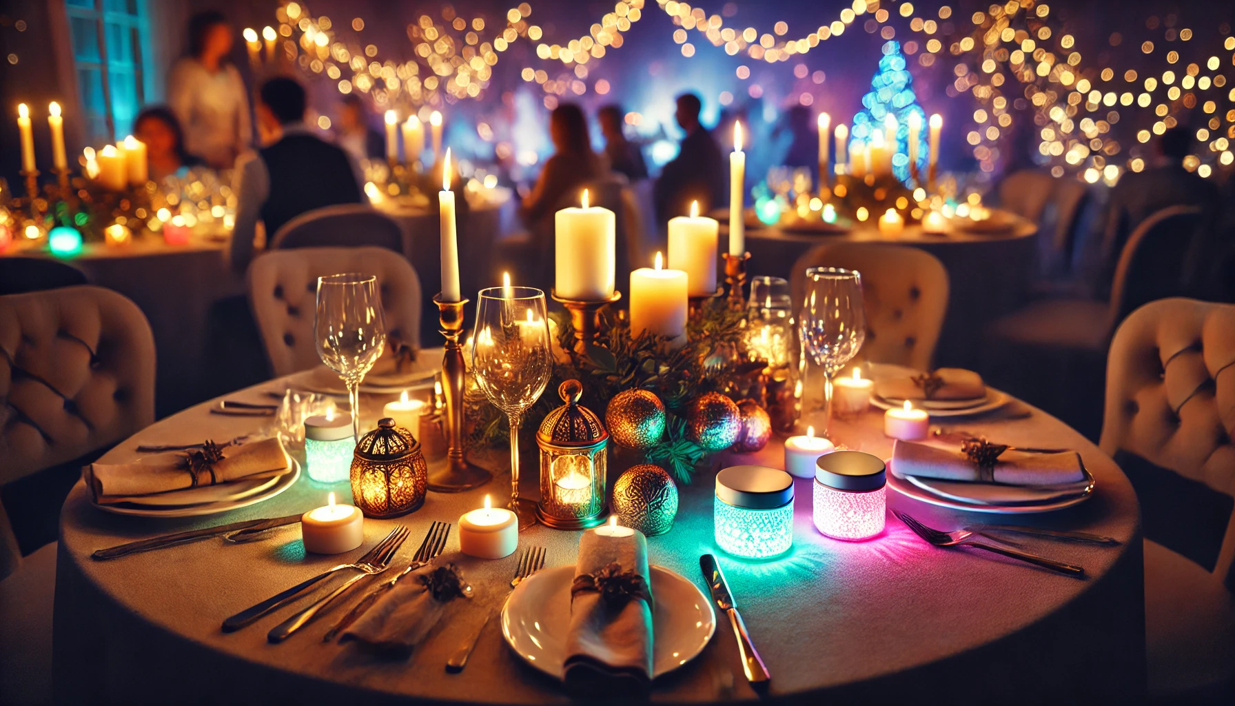 A candlelit party arrangement with a table set up with colorful LED candles, utensils, and decorative items in a dark room. The background shows blurred people around.
