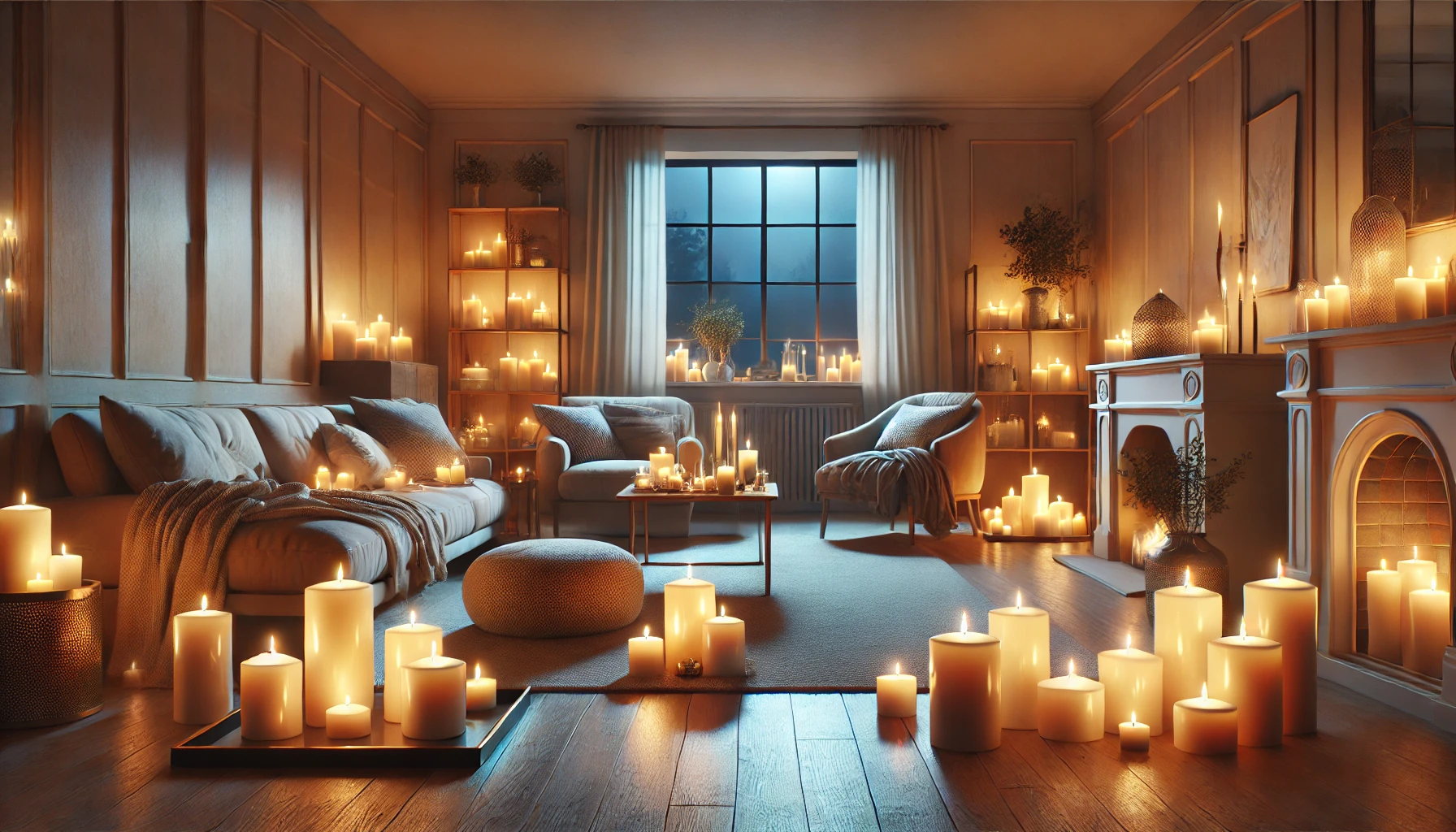 a beautifully lit cozy living room with multiple scented candles placed strategically around the room. The candles are of different sizes and colors, with some burning and emitting a soft, warm light.