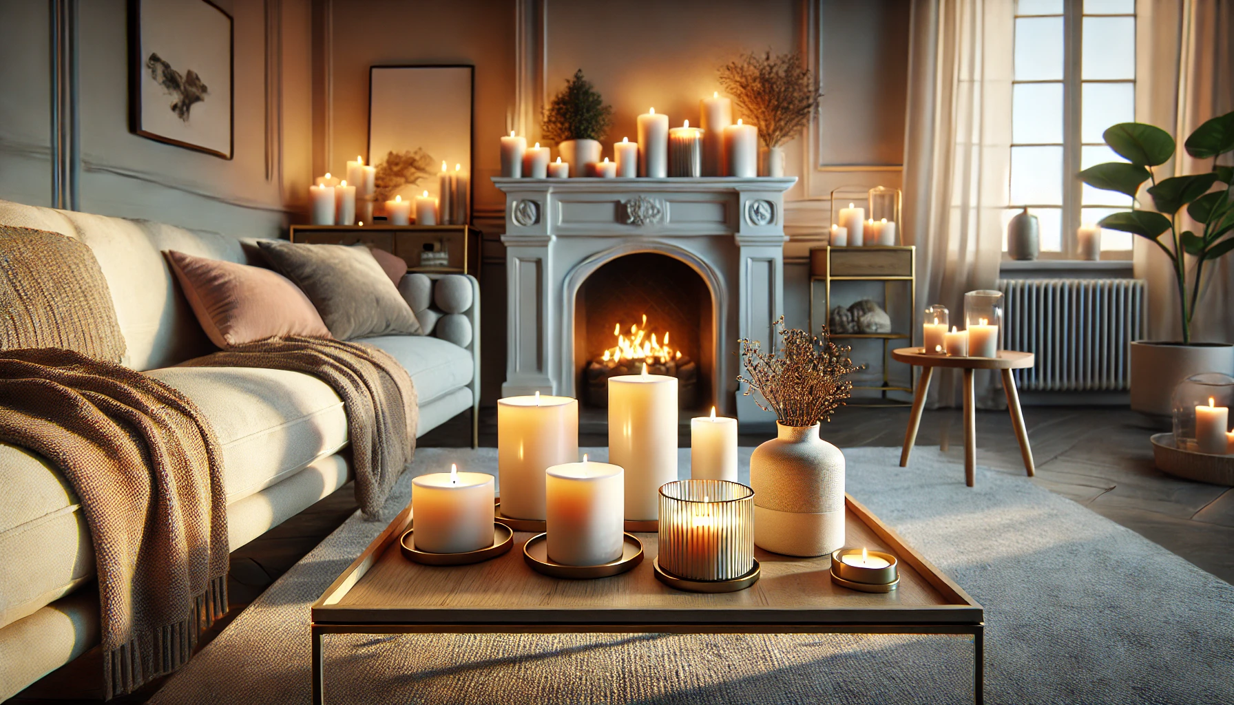a beautiful living room setting with strategically placed scented candles. The room features cozy, soft lighting with a few candles on a coffee table and a mantelpiece, filling the room with a warm, inviting atmosphere.