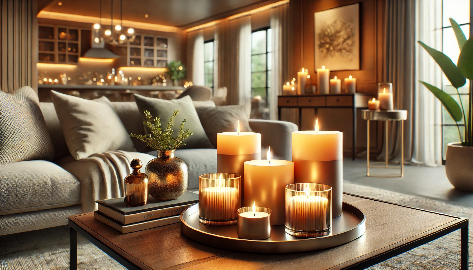 a cozy home setting with elegantly arranged scented candles on a coffee table. The candles are beautifully lit, emitting a soft, warm glow.