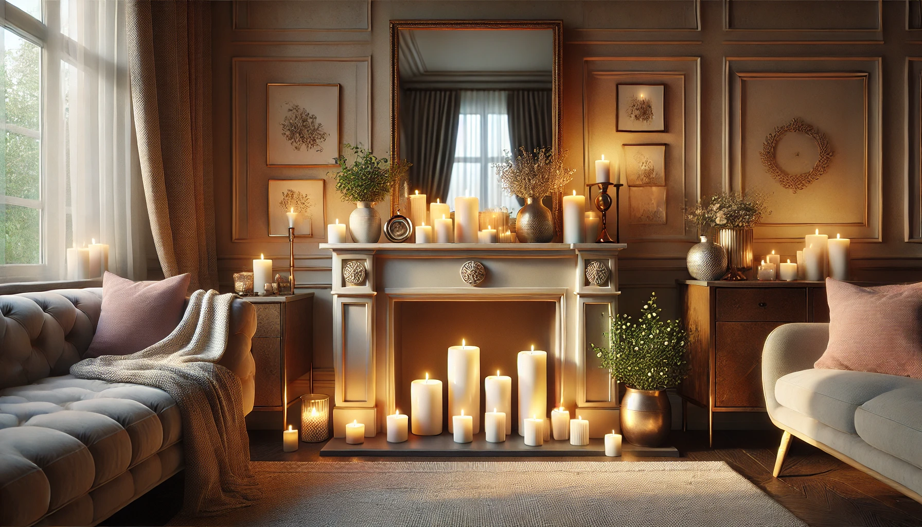 a cozy home setting with scented candles arranged on a mantelpiece. The candles are softly lit, casting a warm, inviting glow.