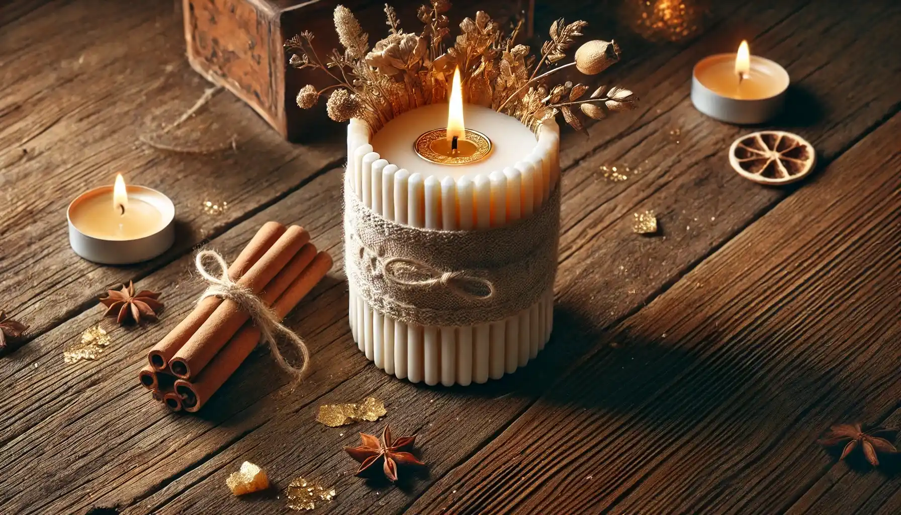 A handmade candle with a hidden coin inside. The candle is elegantly crafted, sitting on a rustic wooden surface surrounded by decorative elements.